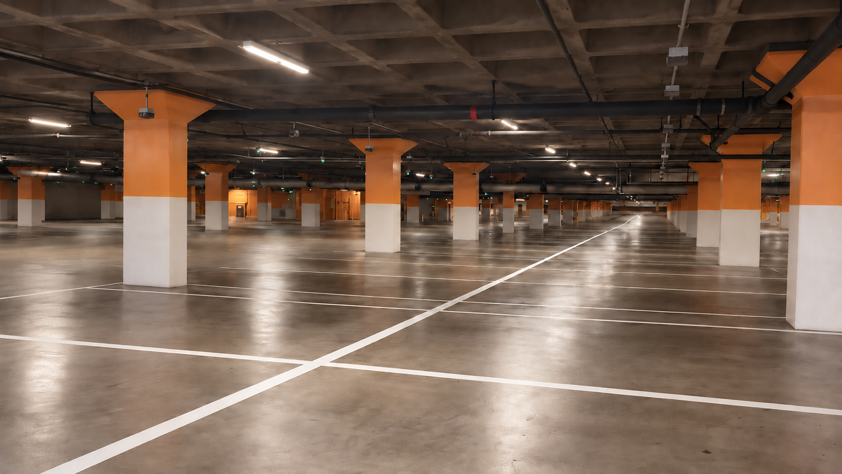 Vacant underground parking garage with clean white stall lines and orange-and-white pillars