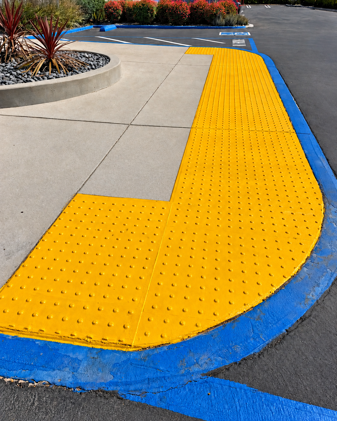 Replacement yellow truncated-dome surface beside a blue curb.