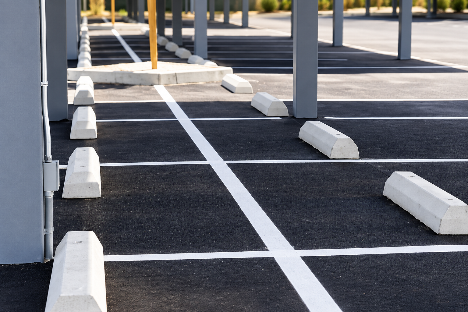 White concrete wheel stops and painted parking lines on dark asphalt in a commercial parking lot.