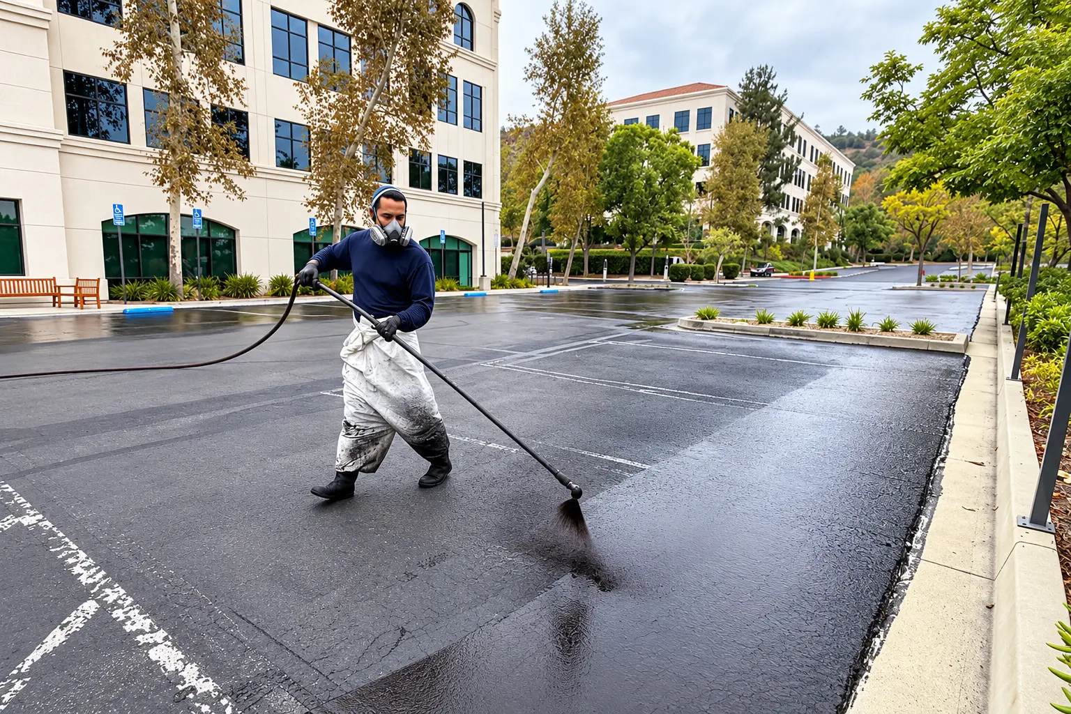 Worker seal coating a commercial parking lot, applying black sealer with a spray wand.