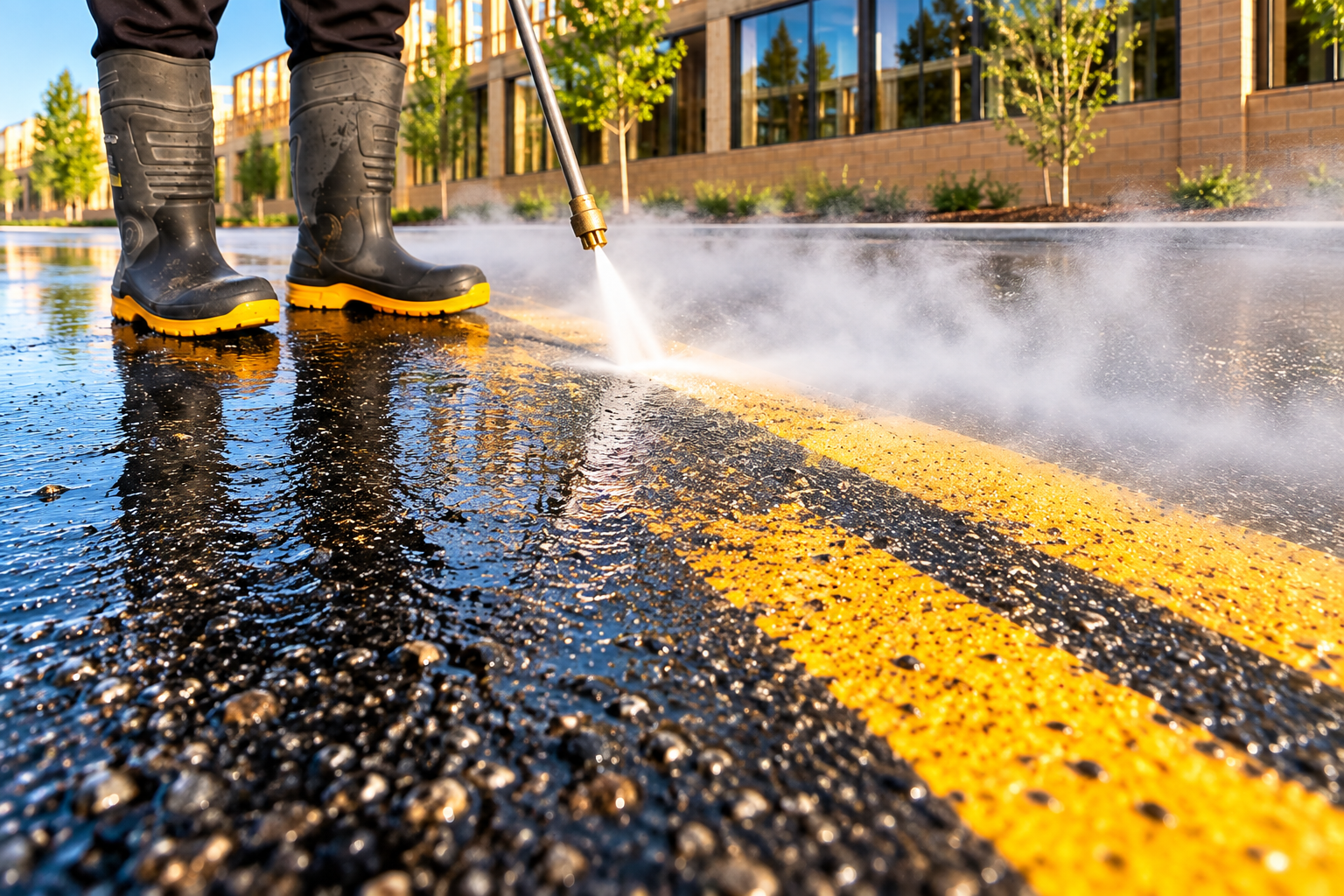 Worker steam pressure washing yellow pavement markings on wet asphalt, with spray, wet pavement and yellow lines visible.