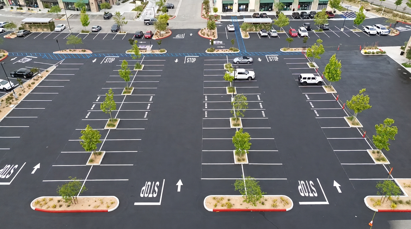 Aerial view of a completed commercial parking lot with fresh striping